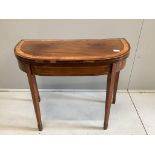 A George III banded mahogany D shape folding card table, width 91cm, depth 43cm, height 74cm.