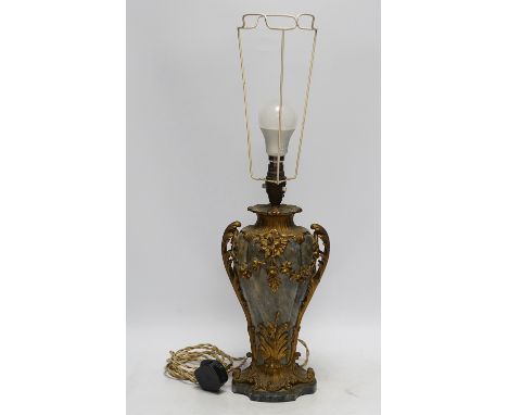 A 19th century French rococo style ormolu mounted grey marble lamp, converted to electricity, 29cm excluding light fittings G