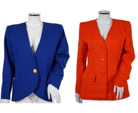 Two vintage Yves Saint Laurent variation lady's skirt suits, royal blue and orange. F 40 (UK 12).Please note alterations to m