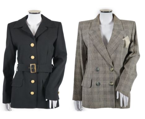 Two vintage Yves Saint Laurent variation lady's trouser suits, F 40 (UK 12). Please note alterations to make the waist smalle