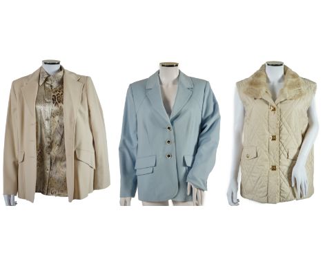 Four Avantgarde lady's clothes: a gilet, jacket and co-ordinating blouse and light blue blazer. Sizes 14-16 Proceeds to Happy