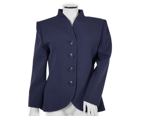 A vintage Yves Saint Laurent variation lady's navy wool skirt suit, F 42 (UK 14).Please note alterations to make the waist sm