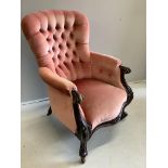 A Victorian mahogany upholstered spoon back armchair, width 70cm, depth 70cm, height 100cm.