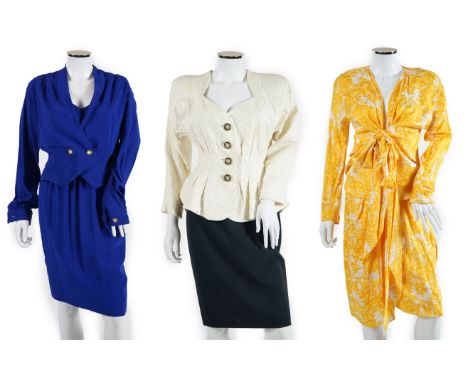 A matching Pallant silk skirt and blouse, a royal blue dress and matching bolero style jacket and black straight skirt and cr
