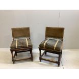 A pair of 18th century style oak back stools, width 53cm, depth 45cm, height 85cm. Condition - fair