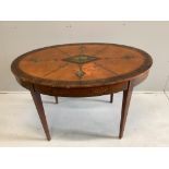 An Edwardian Sheraton revival painted satinwood oval centre table, width 117cm, depth 80cm, height