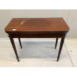 A Regency mahogany folding card table, width 92cm, depth 46cm, height 76cm. Condition - fair