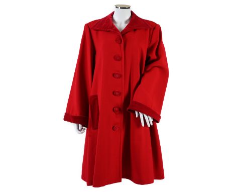 A vintage Yves Saint Laurent variation lady's red wool coat with velvet trim, F 40 (UK 12). Proceeds to Happy Paws Puppy Resc