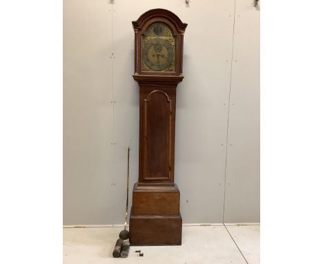 A George III oak eight day longcase clock, height 212cm. Condition - poorShip figure is present in roundel but is bent backwa