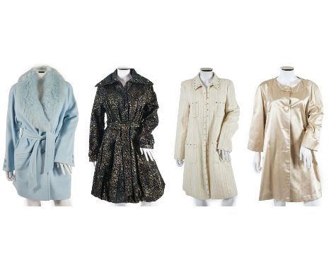 Four lady's coats: A powder blue Electre fur trimmed wool coat with belt, size UK 12/14 (looks to be unworn)A gold with black