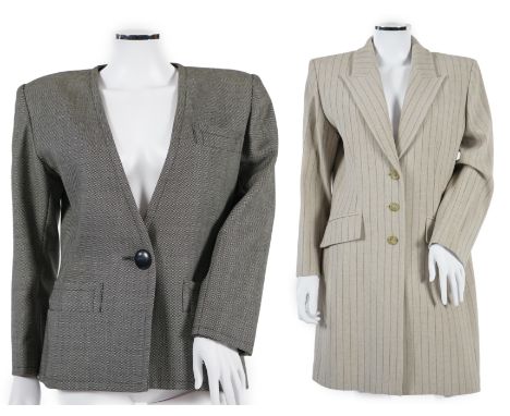 Two vintage Yves Saint Laurent variation lady's suits with matching trousers and skirts, F 40 (UK 12). Please note alteration
