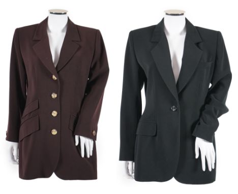 Two vintage Yves Saint Laurent variation lady's trouser suits, F 42 (UK 14). Please note alterations to make the waist smalle