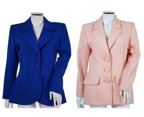 Two vintage Yves Saint Laurent variation lady's wool skirt suits, royal blue and pink. F 40 (UK 12). Please note alterations 