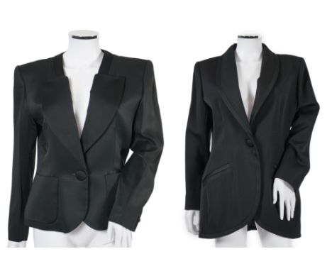 Two vintage Yves Saint Laurent lady's variation black trouser suits, F 42 (UK 14). Please note alterations to make the waist 