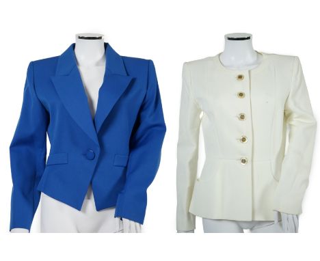 Two vintage Yves Saint Laurent variation lady's skirt suits, F 40 (UK 12).Please note alterations to make the waist smaller m