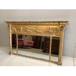 A Regency carved giltwood and composition triple plate overmantel mirror, width 151cm, height
