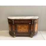 A Louis XV style inlaid marble topped side cabinet, width 144cm, depth 46cm, height 88cm.