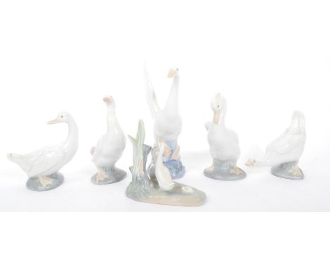 A collection of six vintage 20th century Spanish Nao by Lladro china figurines of geese. The lot to include flying goose, fou