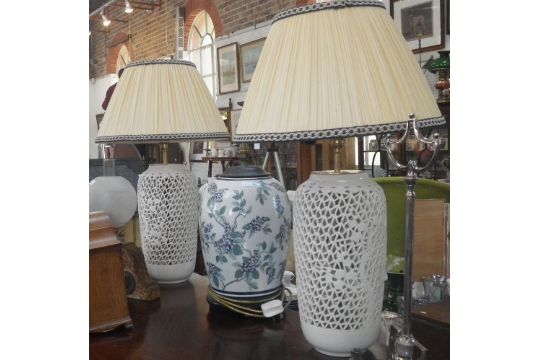 A pair of Oriental style pierced Asian Style Pierced Ceramic Table Lamps