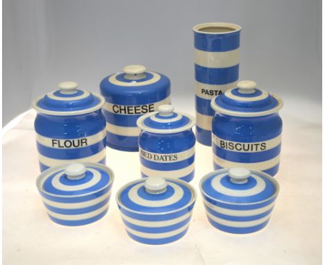 T G Green Blue Cornish Ware Biscuit and Flour canisters to/w a Stoned Dates canister, pasta jar, large cheese cover and three