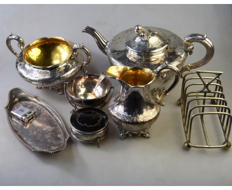 A silver and tortoiseshell ring-box, Birmingham 1925, to/w a Victorian electroplated three-piece tea service with gourd finia