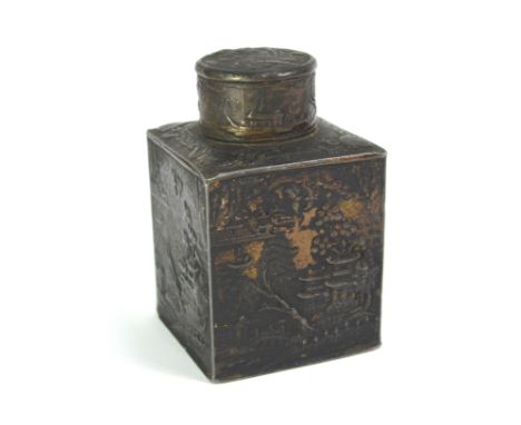 A Chinese antimony, or other metal alloy tea caddy of square section with cylindrical top; decorated with panels depicting la