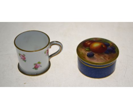 Royal Worcester circular covered box painted with fruit, signed Roberts (?), shape 2781, c. 1938 to/w a Royal Crown Derby min