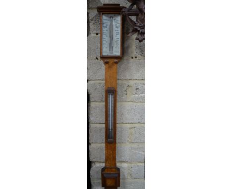 J. H. Steward, London, a 19th century oak stick barometer with ivorine thermometer - register scale with mercury table, 97 cm