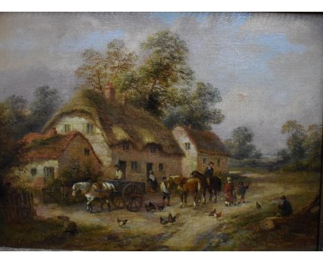 Georgina Lara (fl 1861-1871) - A pair of rural views - Horses at the trough, and On a country lane, oil on canvas, 22 x 29 cm