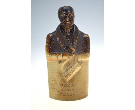 Belper &amp; Denby, Bournes Potteries, Derbyshire salt-glaze reform flask depicting Earl Grey holding a scroll impressed 'The