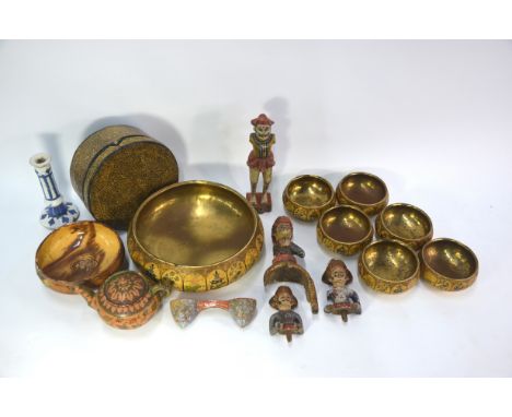 A small collection of Kashmiri lacquer, comprising: a circular box, 20 cm diameter; six small bowls; a single bowl, 24 cm dia