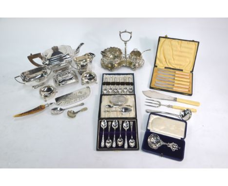 An electroplated three-piece tea service, pair of open salts, cream and sugar pair on stand, various flatware, etc. (box)