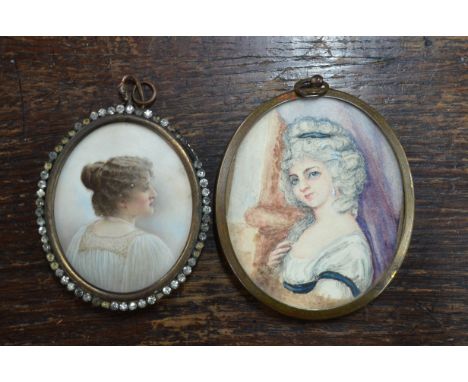 A late Victorian portrait miniature on ivory of a lady, in paste-set frame, to/w a miniature watercolour on card of an 18th c