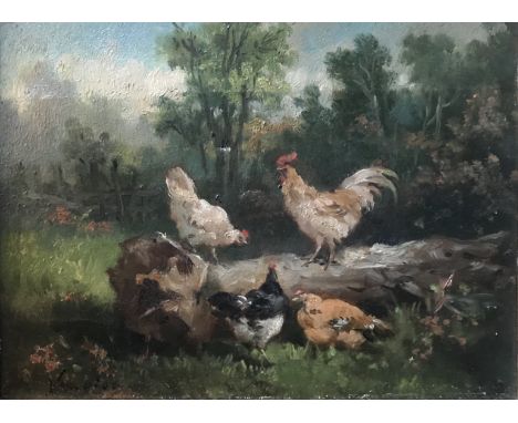 French school - Chickens on a fallen tree trunk, oil on canvas, indistinctly signed lower left, 14 x 19 cm