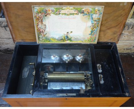 A continental walnut and satinwood cased cylinder music box, playing eight airs on a 15.5 cm brass cylinder, striking on thre