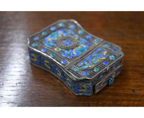 A Chinoiserie filigree white metal and enamel patch-box, fitted with a drawer and folding mirror, 7 x 4.5 cm