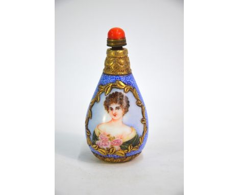 A famille rose Chinese snuff bottle, decorated with two European beauties; the base with Qianlong four-character mark but not