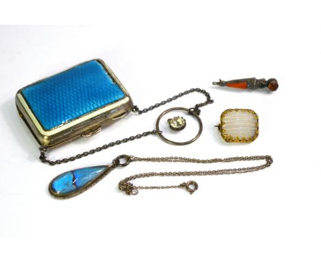 Lot containing moire silk lined silver coin purse, with turquoise enamel front, with ring suspension to/w agate brooch in met