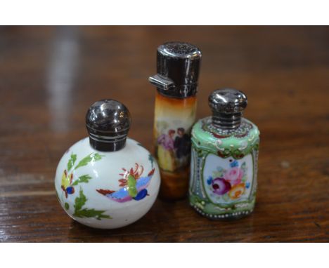 A Victorian globular ceramic scent flask painted with birds and flowers, silver screw bun cover, C C May &amp; Sons, Birmingh