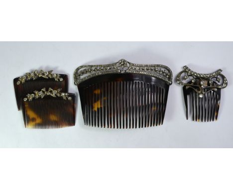An Edwardian style hair comb set white paste in tiara style, stamped 925, having gilded back to/w a pair of small hair combs 