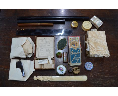A small quantity of lace trimmings, to/w a Victorian ivory page-turner, the handle finely-carved with head of Queen Victoria,