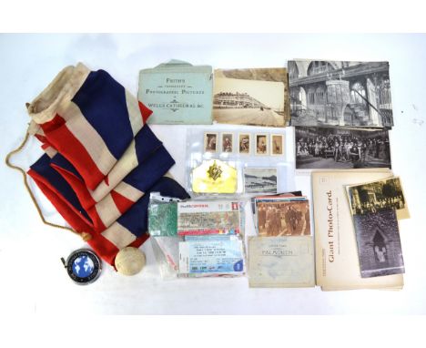 An interesting selection of ephemera including 19th century Alpine photographs, printed linen Union flag, white cricket ball 