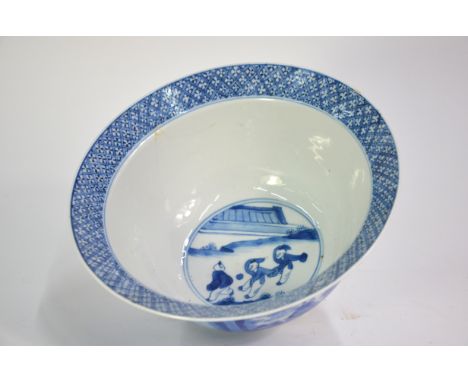 A Chinese blue and white bowl, decorated with four panels of narrative scenes; 20 cm diameter, the base with Kangxi six-chara