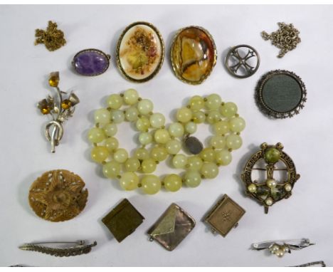 Various jewellery and other items including green stone beads, amethyst necklace and bracelet, reproduction Thala brooch set 