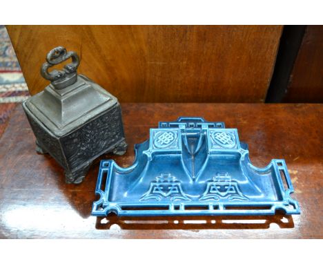 A French Art Deco blue enamelled cast iron inkstand with two inkwells and chinoiserie motifs stamped BH201, to/w an early 19t