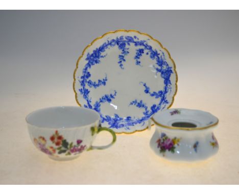 A Meissen floral painted ink well, 7 cm diam. to/w a Meissen coffee cup and a Sevres fluted saucer (3)Ink well - no liner
Cof