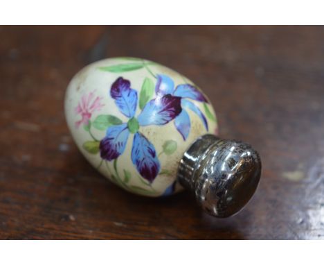 A Victorian china egg-shaped scent flask with floral painted decoration and silver screw bun cover, David &amp; Lionel Spiers