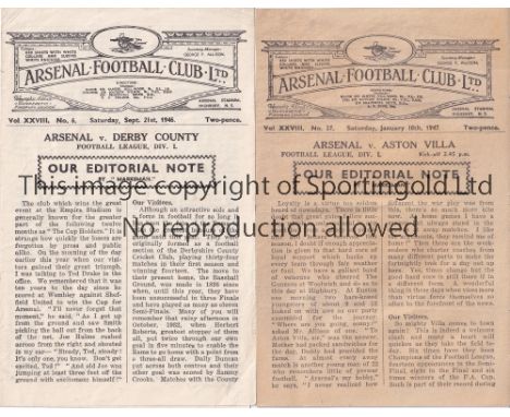 ARSENAL      Two home programmes in 1946/7 season v. Derby very slightly creased and Aston Villa, slightly discoloured and sl