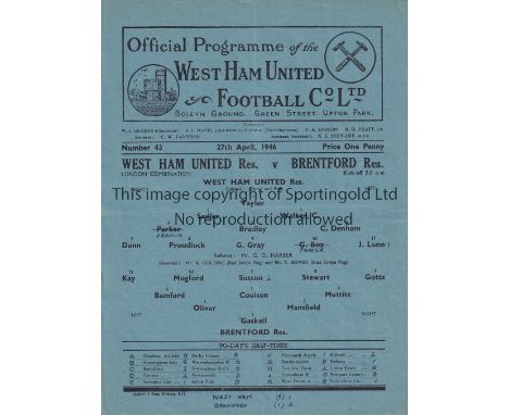 WEST HAM       Single sheet Reserves home programme v Brentford Reserves 27/4/1946. Very light horizontal fold. Score, scorer