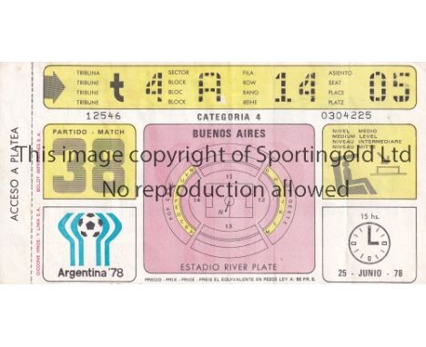 1978 WORLD CUP FINAL Argentina v Netherlands played 25/6/1978 at Estadio Monumental, Buenos Aires. Original unused match tick